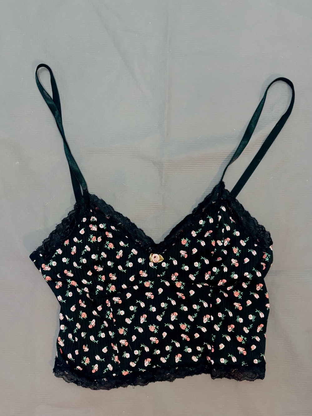 Zara - Black Floral Dainty Lace-Trim Cami with Rose Detail - M